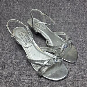 TOUCH UPS Womens Melanie METALLIC SILVER Low Heel GLITTER Dress SANDALS 7 M EUC